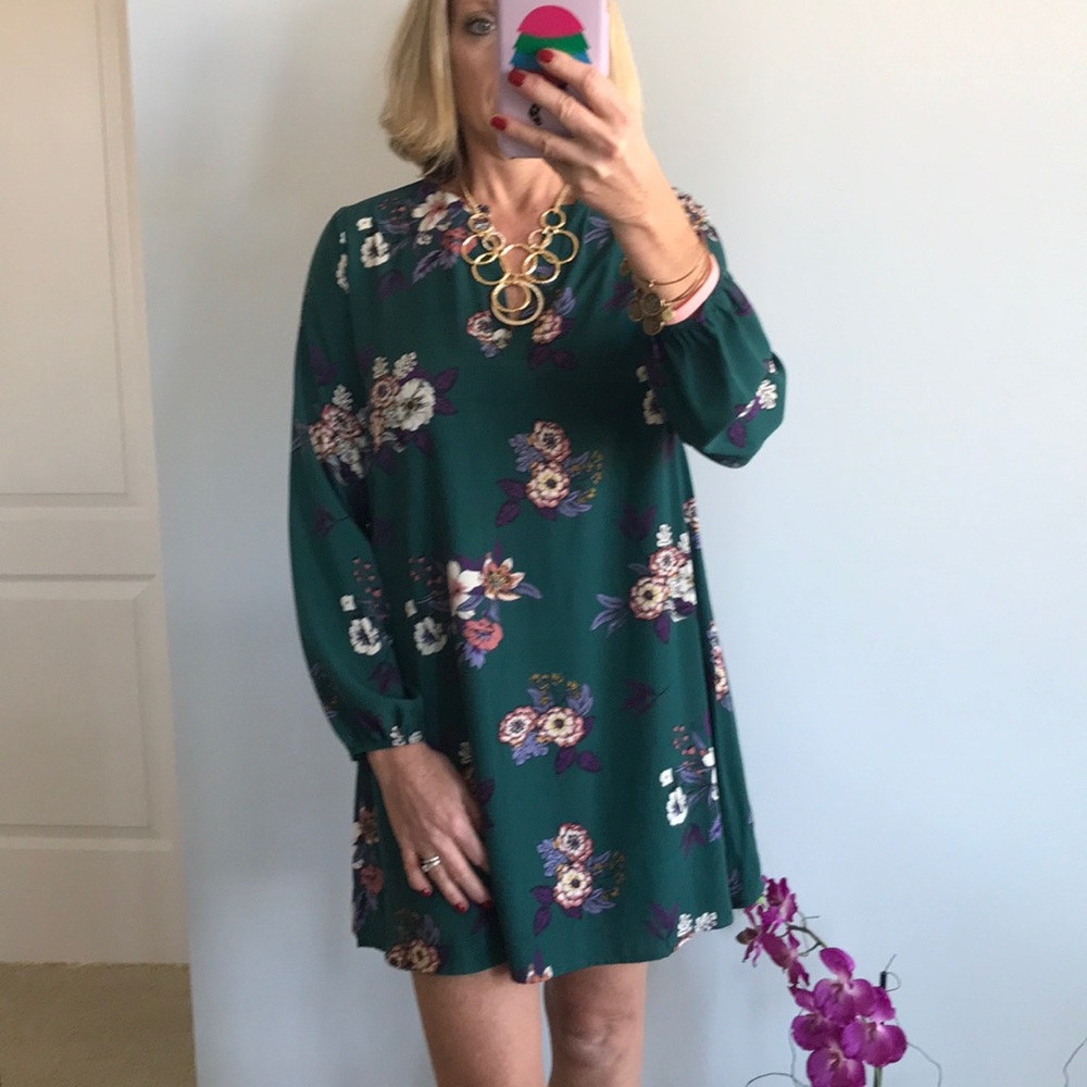 Green Floral Long Sleeve Tunic Dress - Picture 3 of 7